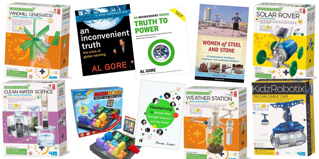 Potential prizes: "Headstrong: 52 Women Who Changed Science-and the World" book - "Women of Steel and Stone" book - "An Inconvenient Truth: The Crisis of Global Warming" book - "An Inconvenient Sequel: Truth to Power: Your Action Handbook to Learn the Science, Find Your Voice, and Help Solve the Climate Crisis" book - Green Science Windmill Generator Kit - Weather Station Kit - Clean Water Science Kit - Solar Rover Kit - Tin Can Cable Car Kit - Traffic Jam Logic Game