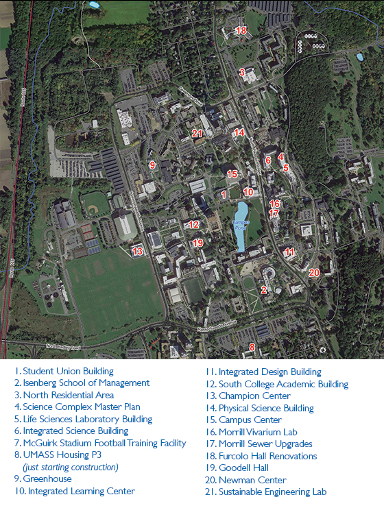 Map of UMass Campus with 21 Nitsch projects highlighted