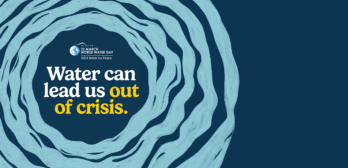 Graphic that shows light blue ripples on a dark blue background. A small logo says UN Water - March 22, World Water Day - 2024 Water for Peace, while white and yellow text says, "Water can lead us out of crisis."