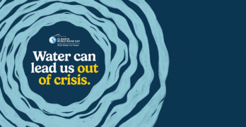 Graphic that shows light blue ripples on a dark blue background. A small logo says UN Water - March 22, World Water Day - 2024 Water for Peace, while white and yellow text says, "Water can lead us out of crisis."