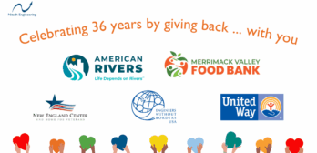 Image has a headline that reads "Celebrating 36 years by giving back ... with you" and features logos for five charities: American Rivers, Merrimack Valley Food Bank, New England Center and Home for Veterans, Engineers Without Borders USA, and United Way.