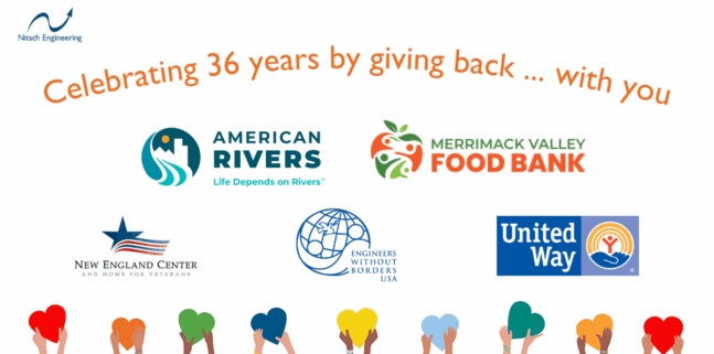 Image has a headline that reads "Celebrating 36 years by giving back ... with you" and features logos for five charities: American Rivers, Merrimack Valley Food Bank, New England Center and Home for Veterans, Engineers Without Borders USA, and United Way.
