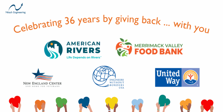 Image has a headline that reads "Celebrating 36 years by giving back ... with you" and features logos for five charities: American Rivers, Merrimack Valley Food Bank, New England Center and Home for Veterans, Engineers Without Borders USA, and United Way.