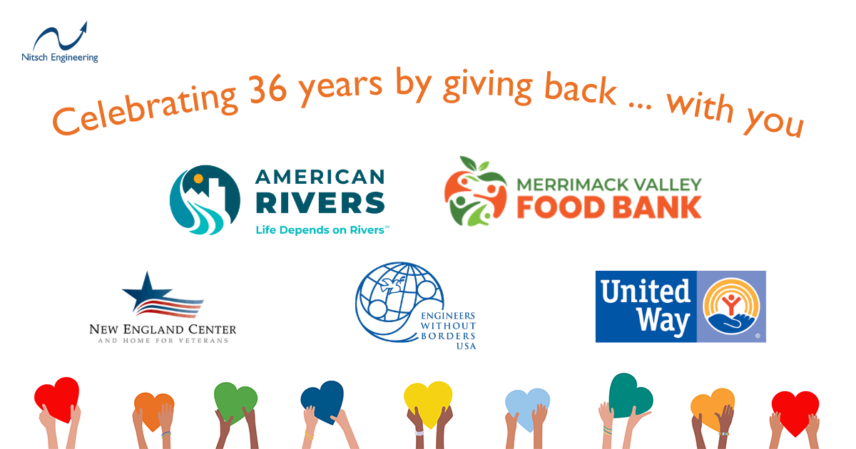 Image has a headline that reads "Celebrating 36 years by giving back ... with you" and features logos for five charities: American Rivers, Merrimack Valley Food Bank, New England Center and Home for Veterans, Engineers Without Borders USA, and United Way.