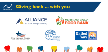 Graphic shows logos for five charities: Alliance for the Chesapeake Bay, the Merrimack Valley Food Bank, New England Center and Home for Veterans, Engineers without Borders, and United Way.