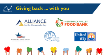 Graphic shows logos for five charities: Alliance for the Chesapeake Bay, the Merrimack Valley Food Bank, New England Center and Home for Veterans, Engineers without Borders, and United Way.